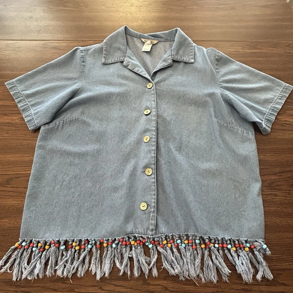 Stonebridge 1X Chambray‎ Denim Beaded Fringe Hem Shirt Festival Western Plus - Picture 7 of 13